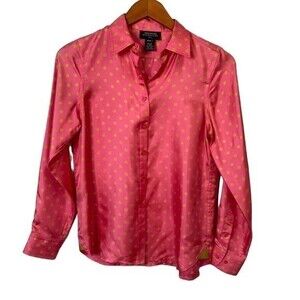 Jones New York Signature 100% Silk Polka Dot Button Up Shirt Long Sleeve Career